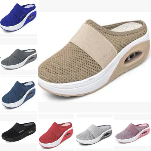🔥2025 NEW SALES - 65% OFF🔥Women's Casual Hollowed Out Fabric Flat Bottom Slope Heel Slippers